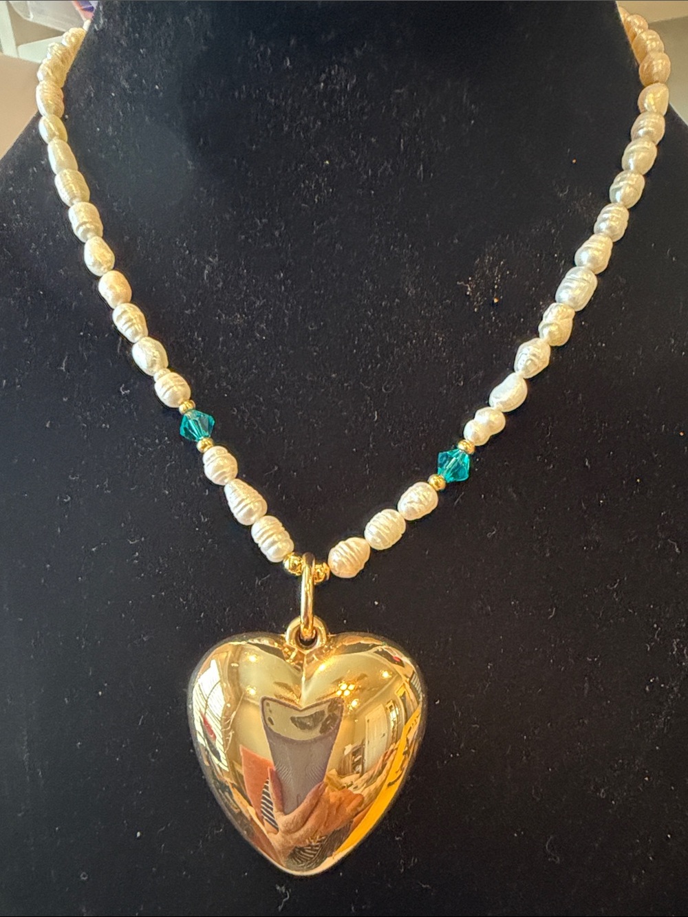 Gold Heart Pendant Pearl Necklace with Teal Accents